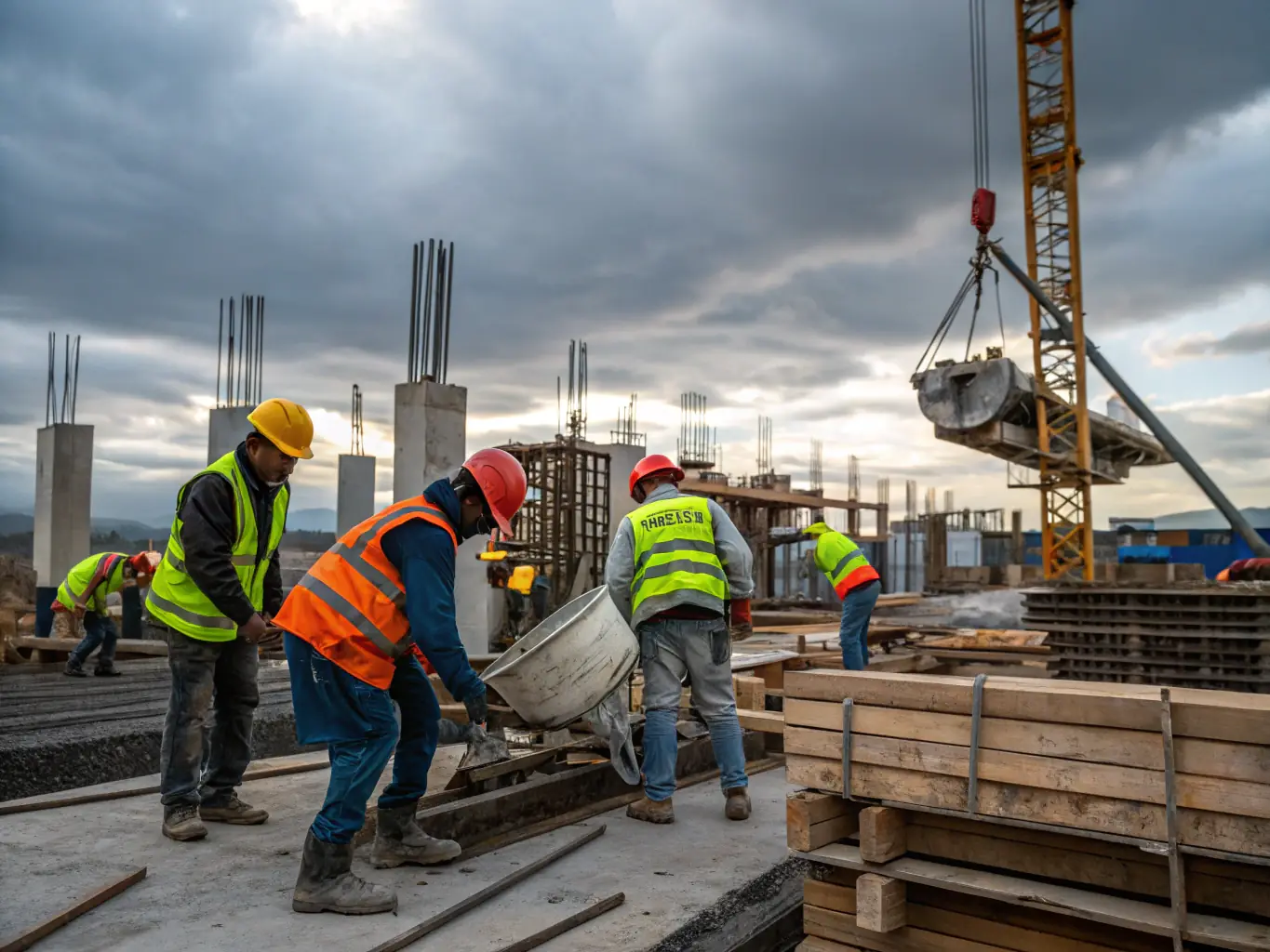 A construction site with workers and heavy machinery, focusing on a building under construction. The image should highlight safety and precision.