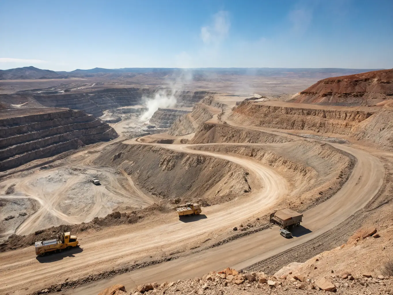 An open-pit mine with heavy machinery extracting minerals, emphasizing the scale and environmental responsibility of Surya's mining operations.